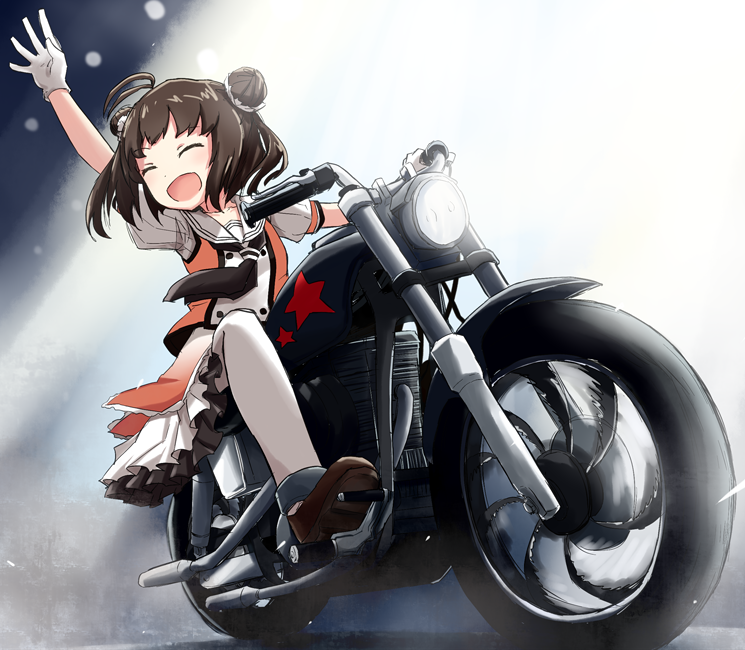 naka (kancolle) 1girl ground vehicle solo motor vehicle motorcycle hair bun double bun  illustration images