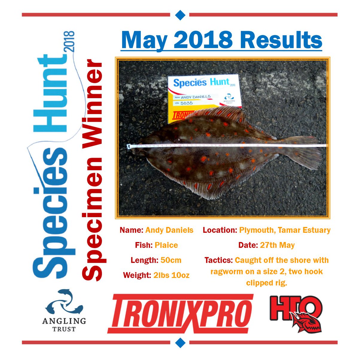 Species Hunt results for May 18

Congratulations Andy Daniels on his Specimen Plaice! Close one this month! 
#anglingtrust #specieshunt #specieshunting #angling #seaangling #shoreangling #tronixpro #hto