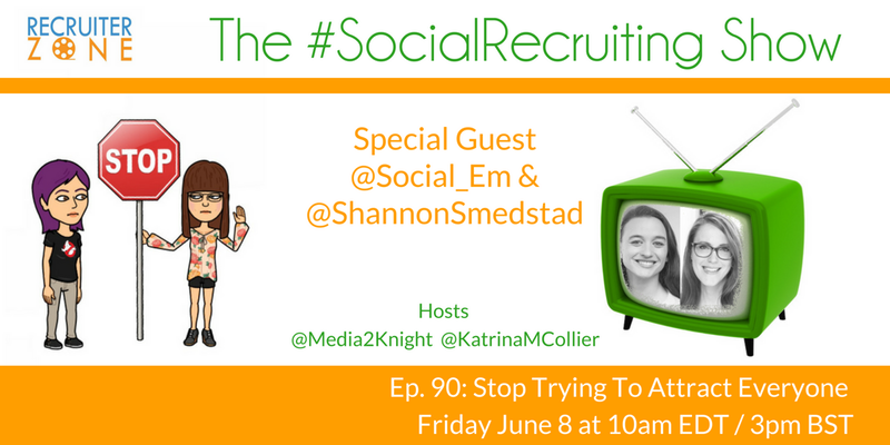 media2knight's tweet photo. This Friday, I am super excited to be chatting #employerbranding w/ the fab @shannonsmedstad & @Social_Em! Trying to attract everyone is a common mistake I see with #recruitment content! https://t.co/F7HMdlrOYm #EBnerd https://t.co/1mRfFUclrq