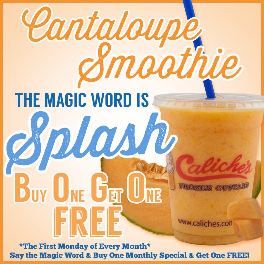 Caliches's tweet photo. Splash is the Magic Word for Magic Word Monday! Buy One Cantaloupe Smoothie Get One FREE! #MagicWordMonday #MWM #Alamogordo #LasCruces #Cantaloupe #CantaloupeSmoothie #Retweet #ILoveCaliches #Caliches #FrozenCustard https://t.co/xKXJA0vKpp