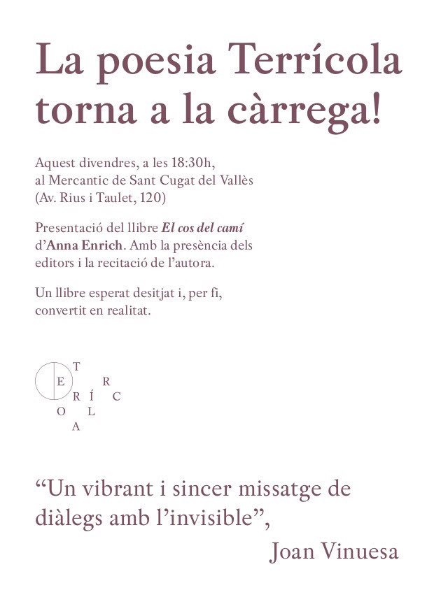 Torna Terrícola: arriba “El cos del camí”, de l’Anna Enrich. Aquest divendres es presenta a Sant Cugat!