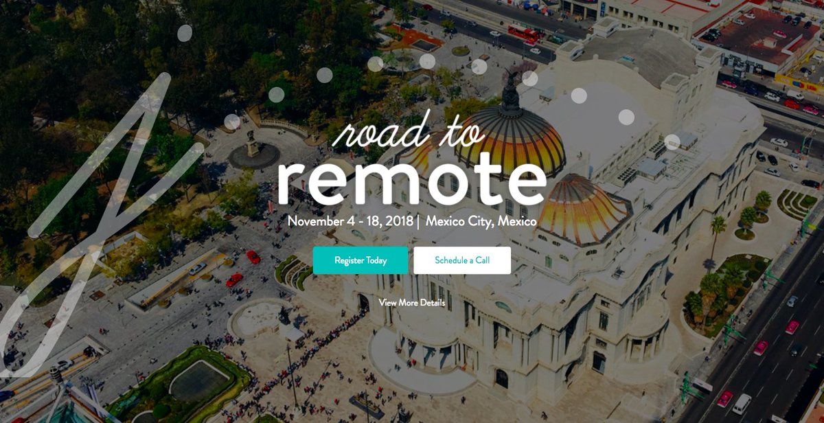 Can't commit to a 4 or 12 month program with <a href="/remoteyear/">Remote Year</a>? They offer two week immersive, retreat-like experiences: Pursuing Purpose—September 2-16 in Valencia (I'm here-come visit!) journeys.remoteyear.com/pursuing-purpo… and Road to Remote—November 4-18 in Mexico City journeys.remoteyear.com/road-to-remote