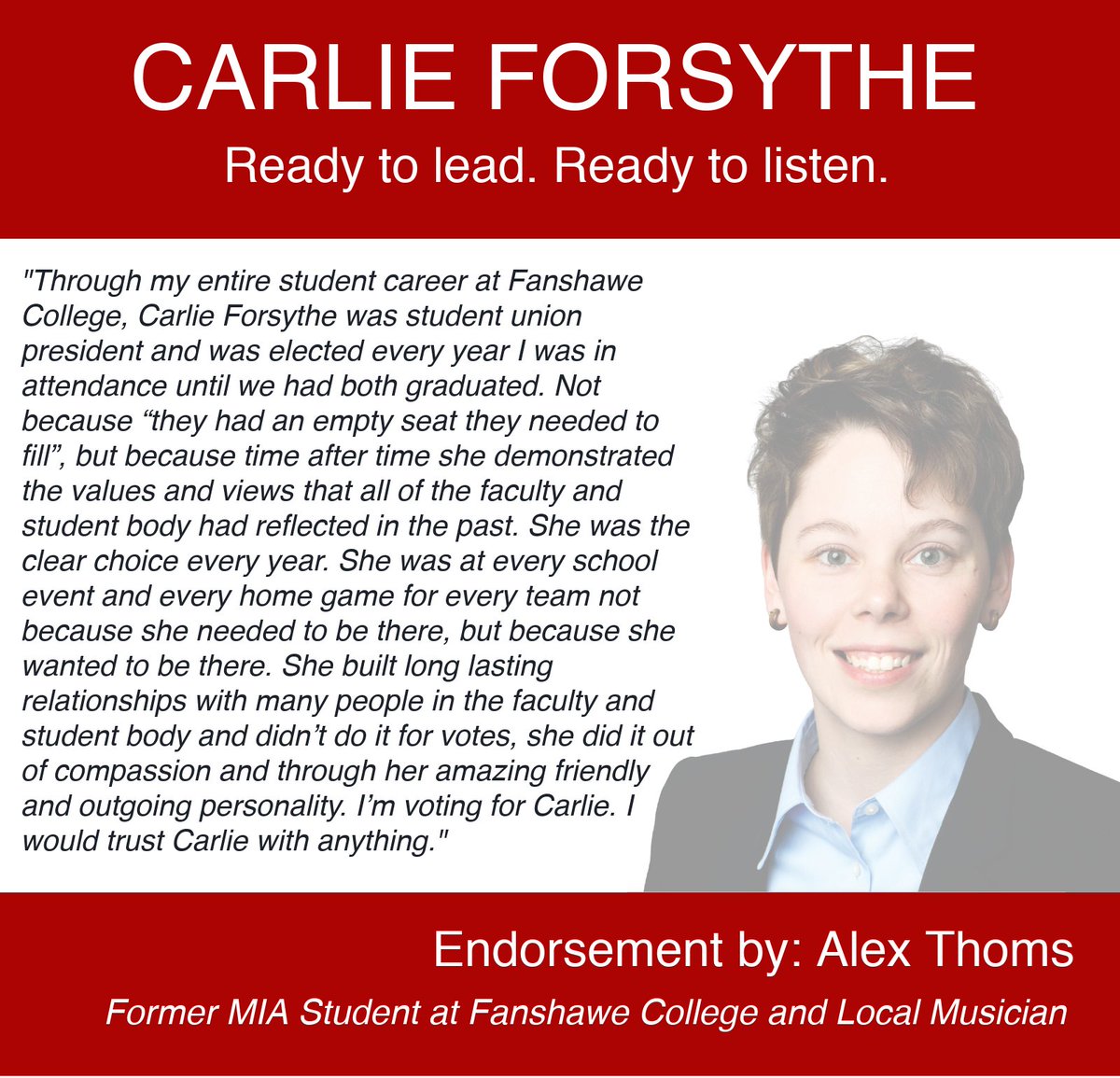 VoteForsythe's tweet photo. Thank you so much for your endorsement, Alex. I have been proud to serve you and the students at Fanshawe College for three years. I hope to serve Elgin-Middlesex-London for the next four years at Queen's Park making real change for a more accountable and transparent government. https://t.co/MPRlgpk7PU
