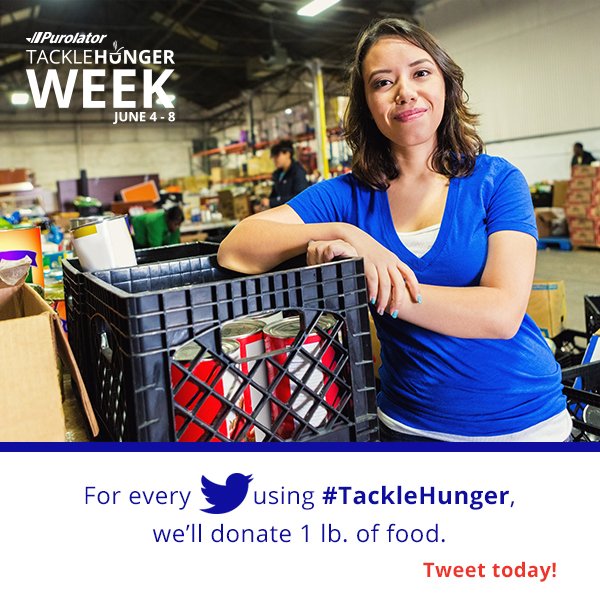 PurolatorInc's tweet photo. Purolator Tackle Hunger Week is here! RT or tweet using #TackleHunger and we’ll donate 1lb of food to food banks across Canada. https://t.co/ZrihlTfN6W