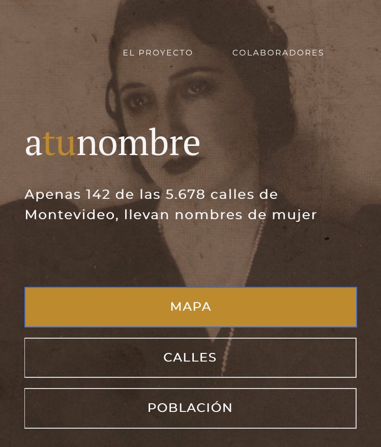 ¿Sabías que apenas 142 de las 5.678 calles de Montevideo, llevan nombres de mujer? 
Este proyecto de <a href="/DATAuy/">Data Uruguay</a>, atunombre.uy, tiene como objetivo 'dar visibilidad a los aportes que hacen las mujeres a nuestra sociedad, promover su visibilidad y reconocimiento público'.