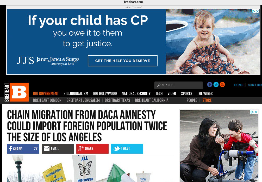 William50736078's tweet image. @jjs_justice @jjsjustice do you realize your ad is serving to a website that publishes and promotes hate speech? Please consider excluding Breitbart from your media buy and telling @slpng_giants when you do. Thanks!