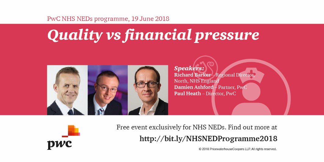 KarenMFinlayson's tweet image. .@PwC_UK continues to support #NHSNEDs through a series of insightful events. On 19 June, guest speaker Richard Barker looks to explore the battle between quality and financial pressures. Don’t miss out – register here: bit.ly/NED18