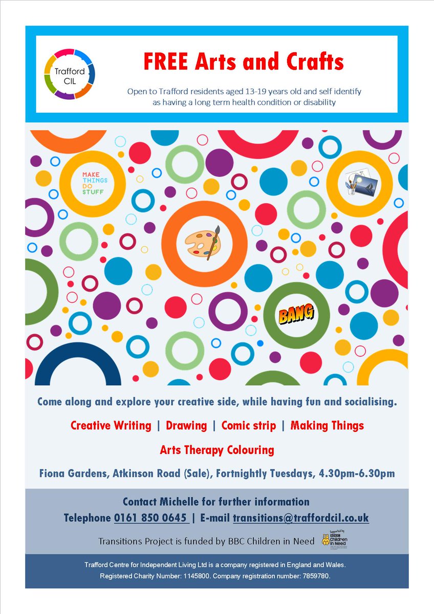 Trafford CIL (@traffordcil) on Twitter photo Transition Project: FREE Arts and Crafts <a href="/FionaGardens/">Fiona Gardens, THT</a>, fortnightly Tuesdays 4:30-6:30pm... Contact our Transitions project worker Michelle on 0161 850 0645 or email transitions@traffordcil.co.uk. Transition Project: FREE Arts and Crafts <a href="/FionaGardens/">Fiona Gardens, THT</a>, fortnightly Tuesdays 4:30-6:30pm... Contact our Transitions project worker Michelle on 0161 850 0645 or email transitions@traffordcil.co.uk.