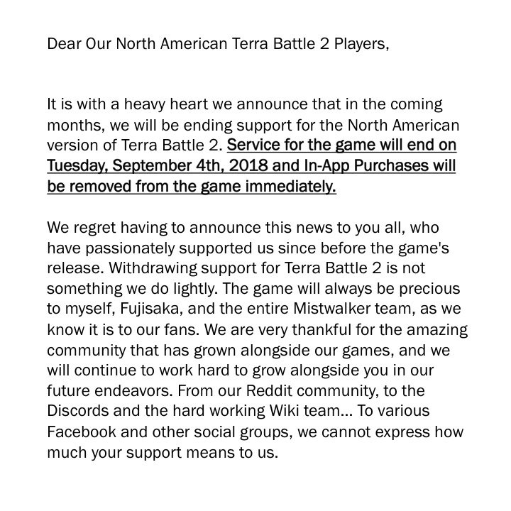 terrabattle2en's tweet photo. Today is a sad day for all of us on the Mistwalker team. We have a message from Hironobu Sakaguchi regarding the planned sunsetting of #TerraBattle2 for all of you: https://t.co/yrTqy3ixLc