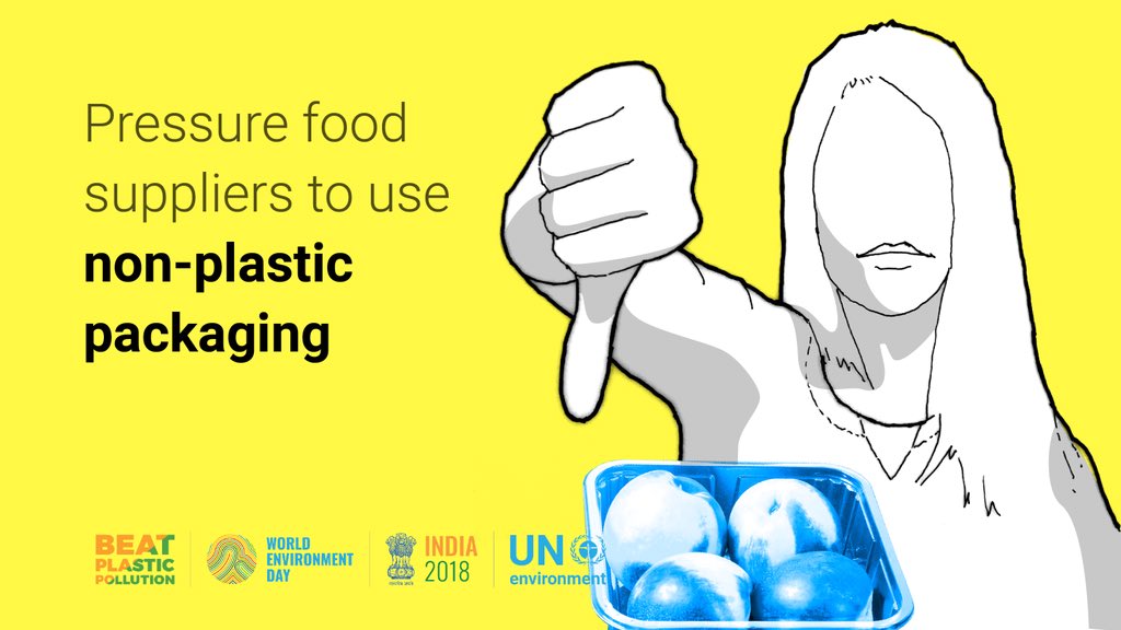 UNEP's tweet photo. Let’s give a 👎 to single-use plastic packaging to #BeatPlasticPollution. This #WorldEnvironmentDay, it’s time for a change: https://t.co/2ClMr9xQzk https://t.co/dElaudNGPs