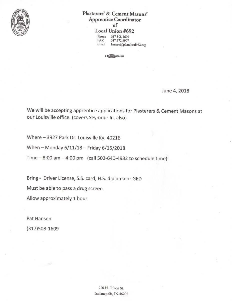 local692jatc's tweet photo. OPCMIA Local692 Areas 694 Louisville and 821 Seymour will be accepting apprentice applications at our Louisville office Monday June 11 2018 thru Friday June 15 2018 from 8:00am-4:00pm. Please call 502-640-4932 to schedule a time https://t.co/MPvTGIuErR