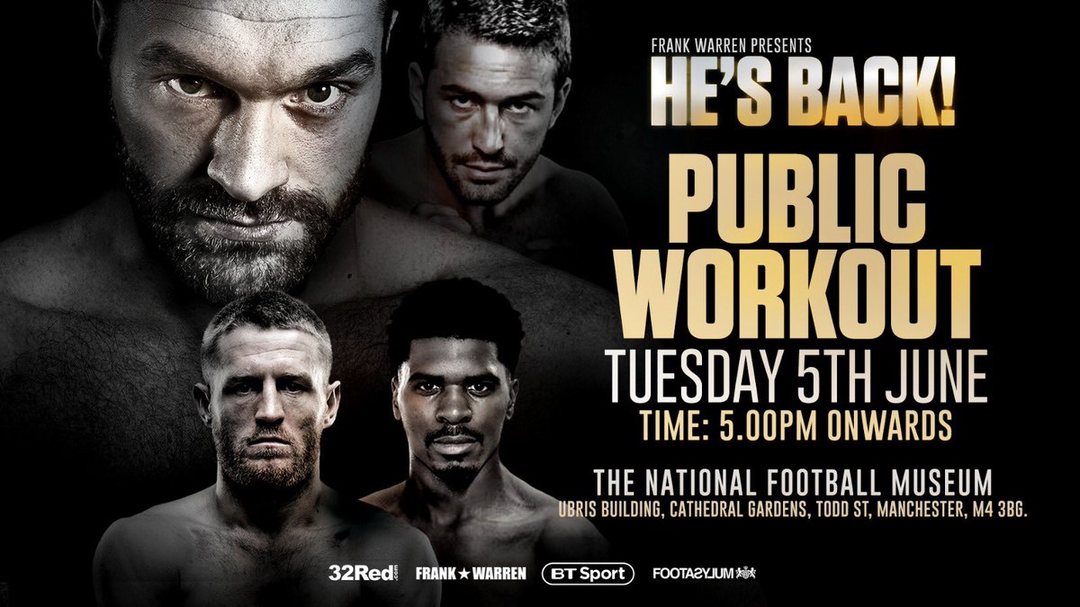 PUBLIC WORKOUT TOMORROW‼️

Get down to the <a href="/FootballMuseum/">Nat. Football Museum</a> for 5️⃣pm tomorrow where <a href="/terryflanagan5/">Terry Flanagan</a>, <a href="/mightymohooker/">Maurice Hooker</a>, <a href="/Tyson_Fury/">TYSON FURY</a> and more will be performing public workouts❗️
