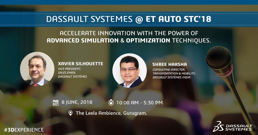 3DSIndia's tweet image. Our experts, Xavier Silhouette, Vice President Sales EMEA, Dassault Systemes, & Shree Harsha, Consulting Director Transportation & Mobility, Dassault Systemes India will be discussing the power of #advancedsimulation & #optimization techniques at #ETAutoSTC. Stay tuned!