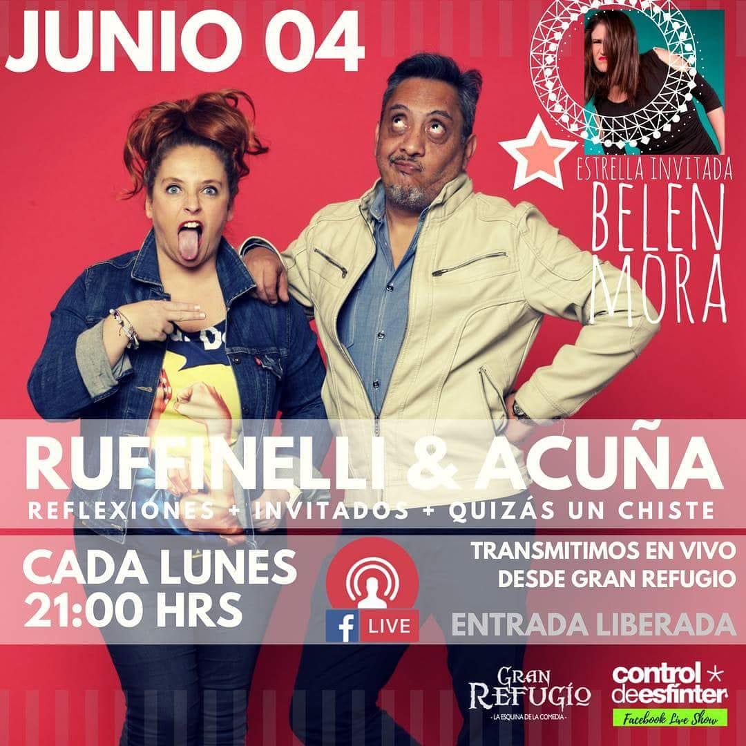 Hoy el Live de Ruffinelli y Mauricio Acuña desde Gran Refugio con una invitada estelar...Belen Mora de MCC, Entrada Liberada , comienza a las 21:00 en punto, se recomienda llegar tipo 20:00 #granrefugio #belenmora #mcc #ruffinelli #standup