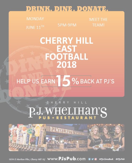 coachdaley12's tweet photo. 🚨🍗COME JOIN US!!🍗🚨

Cherry Hill East Football will be hosting a Dine and Donate event next MONDAY NIGHT, JUNE 11th, from 5pm-9pm @PJsPub in Cherry Hill!! 

@CHEastAthletics @CHEActivities @ChpsTweets @CHHSEAST @HCBeck40 @RIMSTweets @CH_East_Cheer 

#JoinTheHunt #PJsGivesBack https://t.co/YpO9Spnj1j