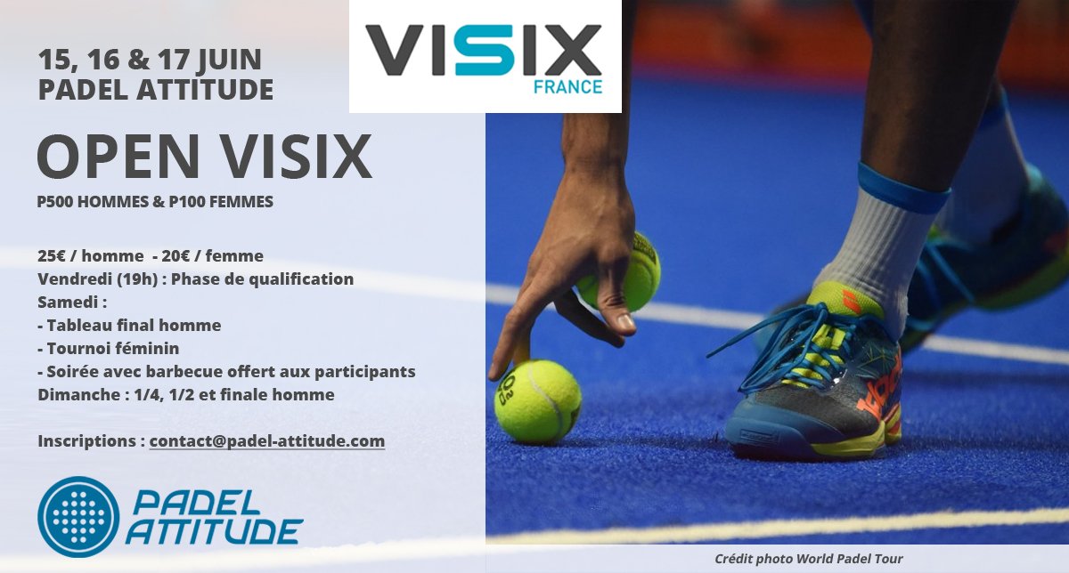 <a href="/Padelattitude/">Padel Attitude</a> organise un nouvel Open P500 hommes et 100 femmes avec le partenaire Visix France ! bit.ly/2LYFmO2