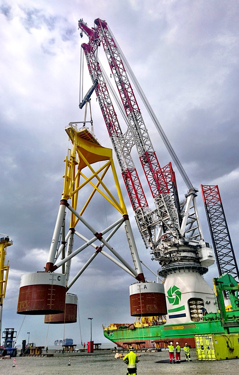 Orsted's tweet photo. The first of 20 suction bucket jackets has been installed at Borkum Riffgrund 2 Offshore Wind Farm. 👏🌊 @Geo_Sea and @InfoNGI will be taking part in the complex installation of these foundations. #takegreenaction https://t.co/DupvQiI59E