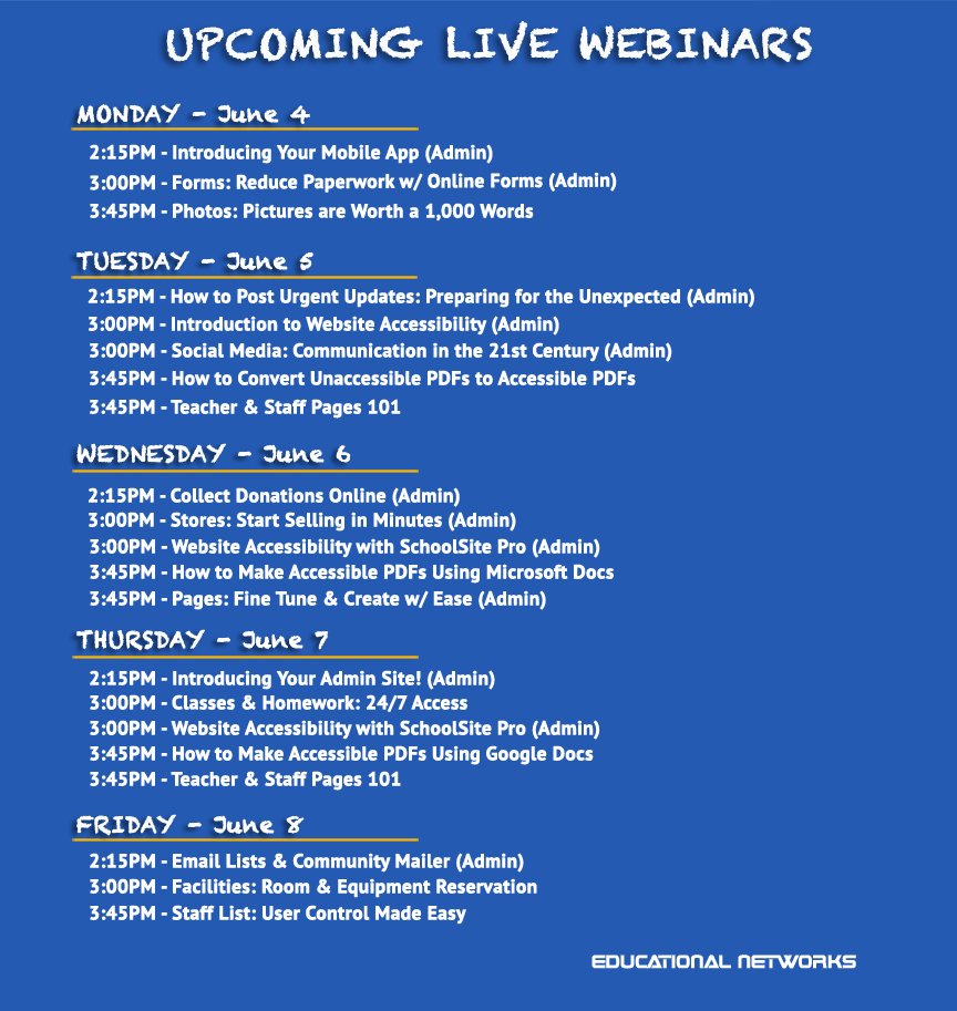EdNetworks's tweet photo. We’re excited it’s summertime, and hope you’ll be able to attend some of this week’s webinars. Check out the upcoming schedule here: https://t.co/N1jIeWdu54 https://t.co/mfp5s8VzcE