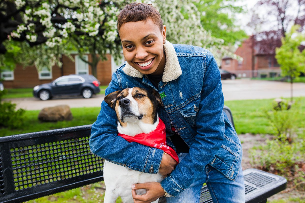 StoriesFromDet's tweet photo. For #Pride2018, we're sharing the stories of everyday LGBT Detroiters under the hashtag #QueerInDetroit. Today's spotlight is on @MOSESTHEGOD_ and her dog Sky Bells. https://t.co/nGfLQuVPLV https://t.co/RJ3tpQ9Sep