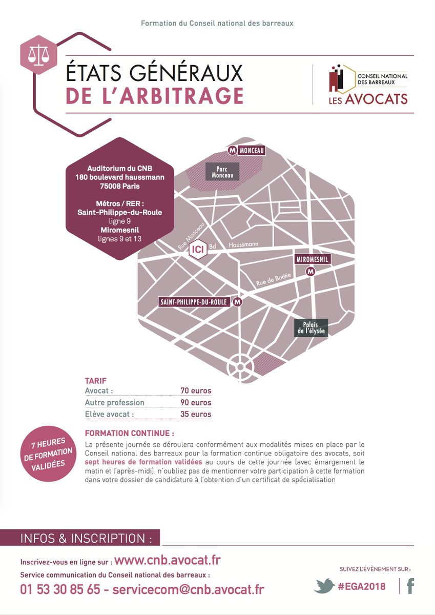 #EGA2018 Les États généraux de l'#arbitrage réuniront le 29 juin prochain au <a href="/CNBarreaux/">Conseil national des barreaux - les avocats</a> universitaires et avocats <a href="/thomclay/">Thomas Clay</a> <a href="/emulon/">Mulon Elodie</a> <a href="/MurielCadiou/">Muriel Cadiou</a> <a href="/BrDondero/">Bruno Dondero</a> <a href="/HubertFlichy/">Hubert Flichy</a> <a href="/Elie_Kleiman/">Elie Kleiman</a> <a href="/bcressard/">Bruno CRESSARD</a> <a href="/LouisDegos/">Louis Degos</a> Inscrivez-vous sans plus attendre : ow.ly/2tW430kkjL8