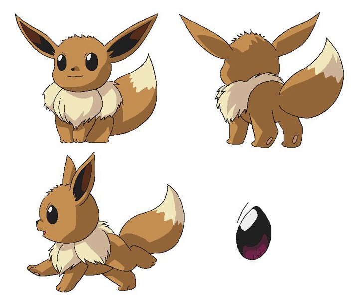 Model sheets of Pikachu and Eevee. 