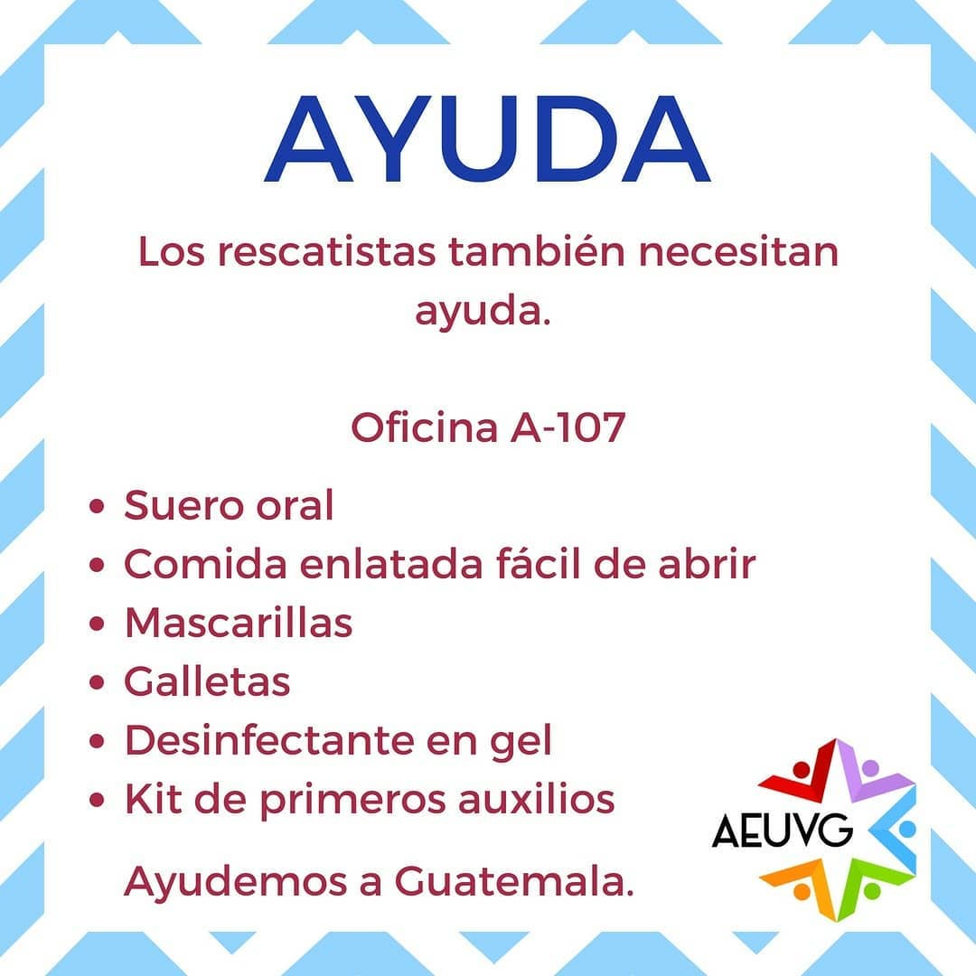uvggt's tweet photo. ¡ES HORA DE UNIRNOS!
Centro de acopio en la oficina de la Asociación de Estudiantes de la UVG. 
RT para que más personas podamos ayudar. 
#CentroDeAcopio #FuerzaGuatemala #VolcanFuego https://t.co/wHspa7WjJk