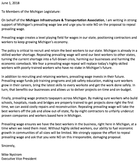 thinkMITA's tweet image. The following letter was formally submitted to the #mileg by MITA's EVP, Mike Nystrom, in support of Michigan's #PrevailingWage law.