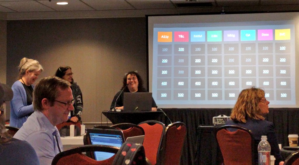 debbryant's tweet photo. #sakaiproject Sakai Community 360 Quiz Show ! I love this interactive panel as a fun team building and educational session. An idea worth stealing. #apereo18 @Apereo #oss #community #openeducation https://t.co/dOYT5bH4UY