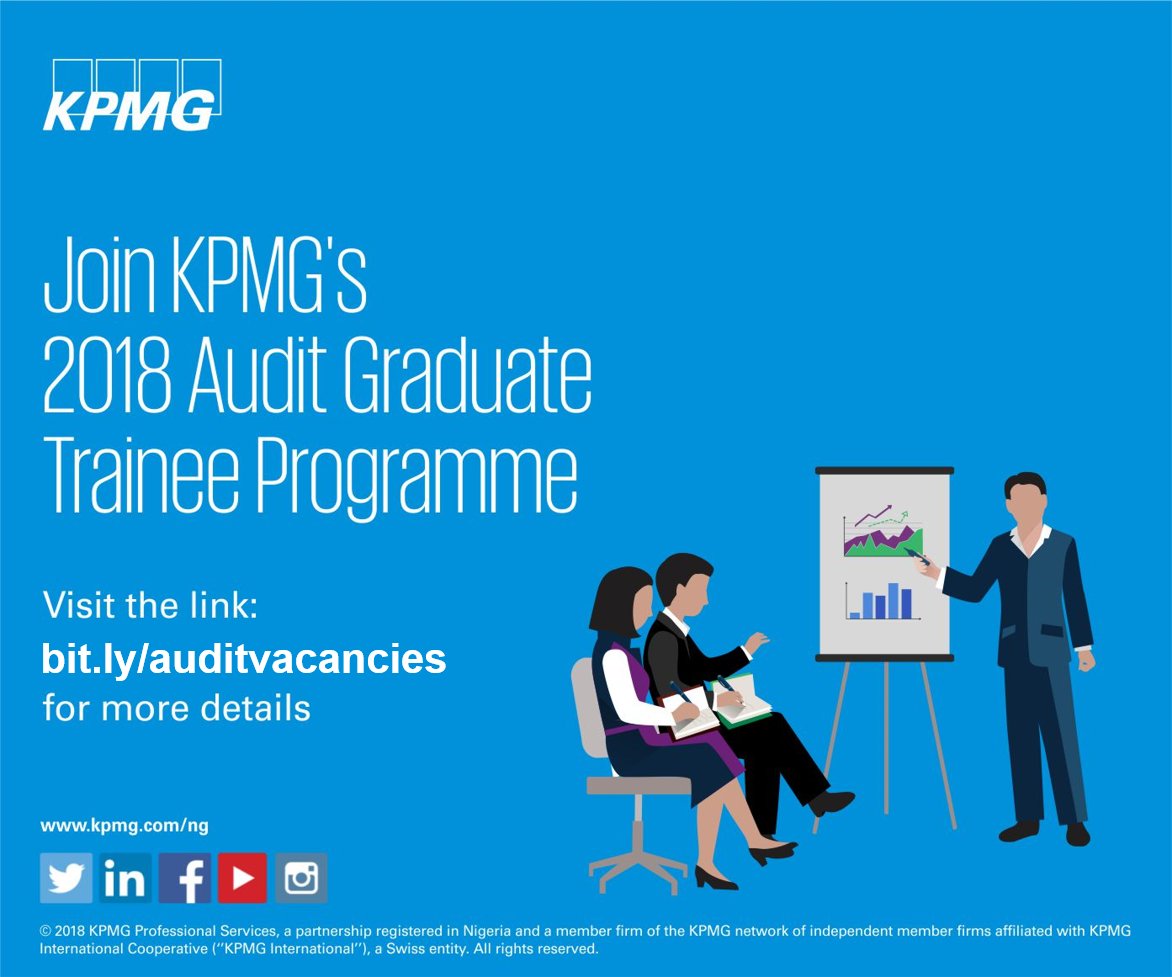 KPMG_NG's tweet photo. New! Audit Graduate Trainee Opportunities with KPMG in Nigeria! Click here https://t.co/cdqTeTmcGy to learn more and apply https://t.co/0xp4f4HkfY