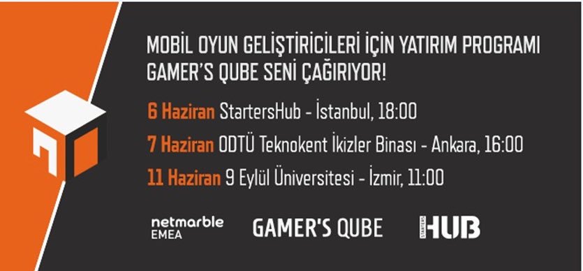 UmutKurt3's tweet photo. @gamersqube seni çağırıyor! Mobil Oyun Geliştiricileri için @NetmarbleEMEA ve @StartersHub tarafından hazırlanan yatırım programı ile detaylı bilgi istiyorsan İstanbul, Ankara ve İzmir illerinde gerçekleştirilecek lansmanlara katılabilirsiniz. #gamersqube #netmarbleemea https://t.co/UZbLjbibrd