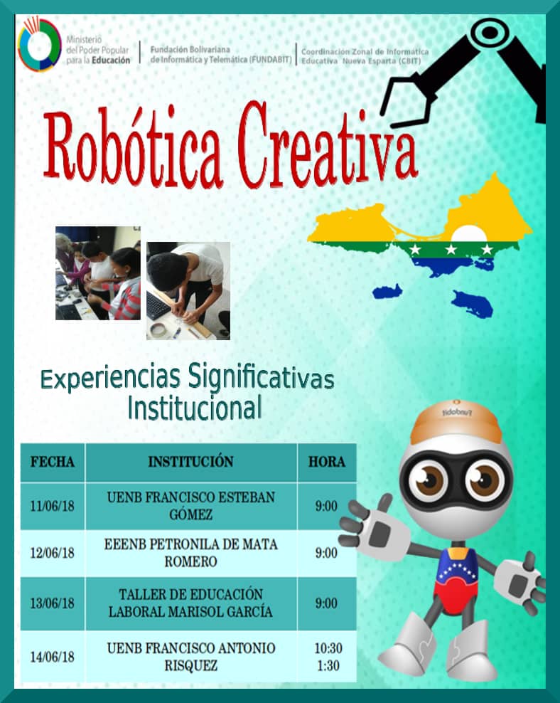 Invitamos a toda la comunidad educativa a los encuentros de experiencias del proyecto #RoboticaCreativa llevado a cabo por nuestros formadores tecnológicos en conjunto con nuestra muchachada #Patria desde los #CBIT en #NE ⏩ <a href="/JauaMiranda/">Elías Jaua</a> <a href="/vane_prieto/">Vanessa Prieto</a> <a href="/NorisSotoF/">Noris Marianela Soto</a> <a href="/DanteRivasQ/">Dante Rivas</a>