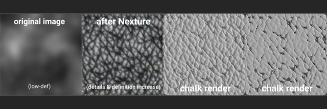 cronobo's tweet photo. Pattern test of a #displacement pattern synthesized by Nexture, with #3D #chalk #renders 

The input image is a noise, transformed into a skin pattern, and rendered with a custom true displacement material inside #Blender Cycles #raytracing https://t.co/R6NylN3cuf