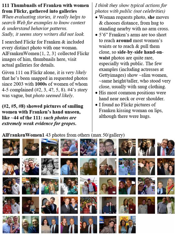 P4/ Photos of Franken with womenThis thread collected miscellaneous photos, including some with other celebrities. https://twitter.com/JohnMashey/status/949059918023176192 photos, miscFlickr galleries enable quick, easy perusal of Franken with members of the public: https://www.flickr.com/photos/137713489@N06/galleries/?rb=1