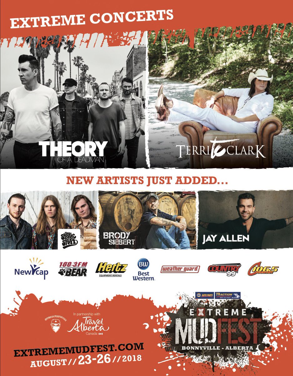 Extreme Mudfest (@extrememudfest) on Twitter photo Be sure to grab your tickets for #ExtremeMudfest 2018! <a href="/TerriClarkMusic/">Terri Clark</a> @TOADM and new additions <a href="/JayAllenMusic/">Jay Allen</a> @TheStaticShift and <a href="/BrodySiebert/">Brody Siebert</a>! Be sure to grab your tickets for #ExtremeMudfest 2018! <a href="/TerriClarkMusic/">Terri Clark</a> @TOADM and new additions <a href="/JayAllenMusic/">Jay Allen</a> @TheStaticShift and <a href="/BrodySiebert/">Brody Siebert</a>!