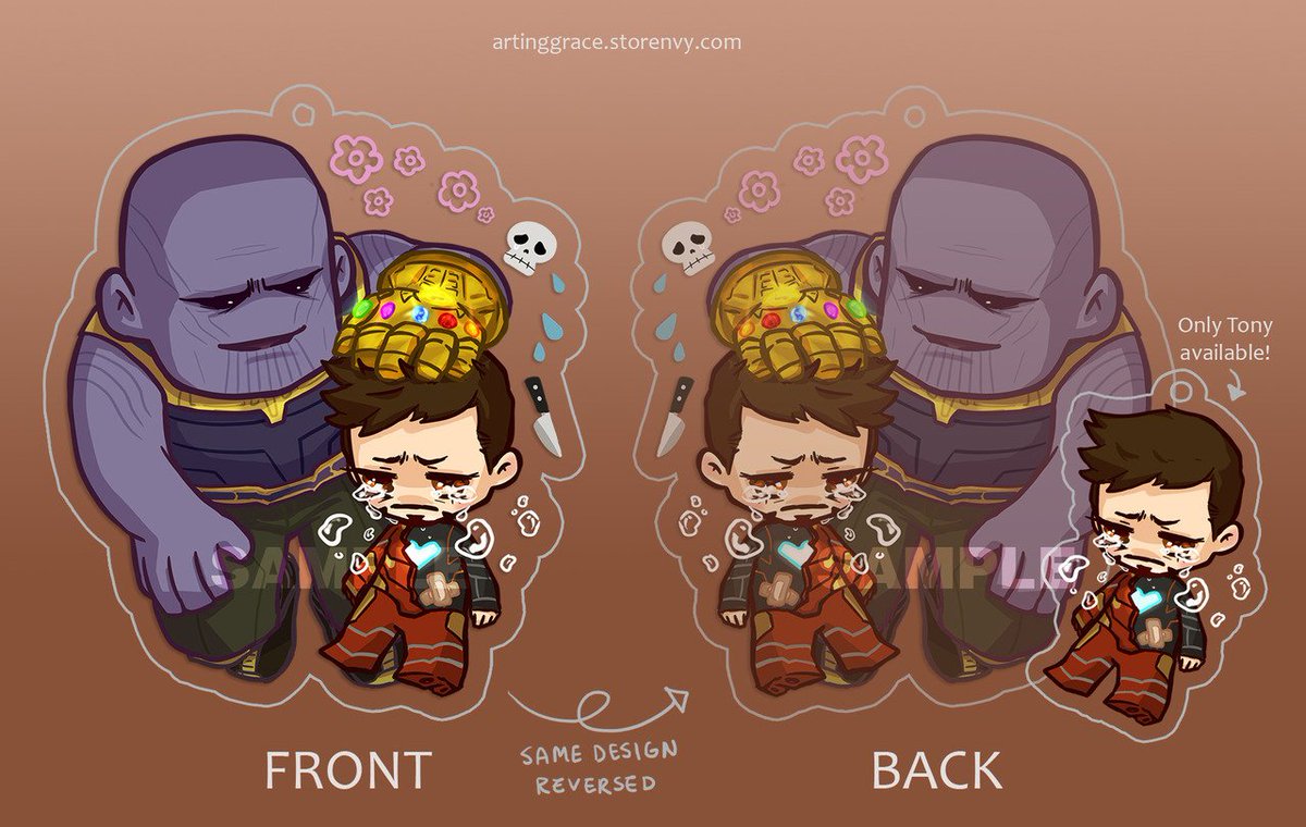 [Ty for RTs 💜]
New clear 3' acrylic charm with glitter epoxy on the front! Just a tiny tony is available too, clear doublesided acrylic 😊
Preorder one (or both) at artinggrace.storenvy.com ✨

#InfinityWar #thanos #tonystark #ironman #irontitan