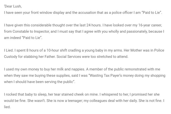 damianchapmanuk's tweet image. A police officer tells @LushLtd she was #paidtolie. Full response emergencyservices.media/?p=1923
#FlushLush 

One for @LushCampaigns @LushKitchen @JackatLush @UKCopHumour
