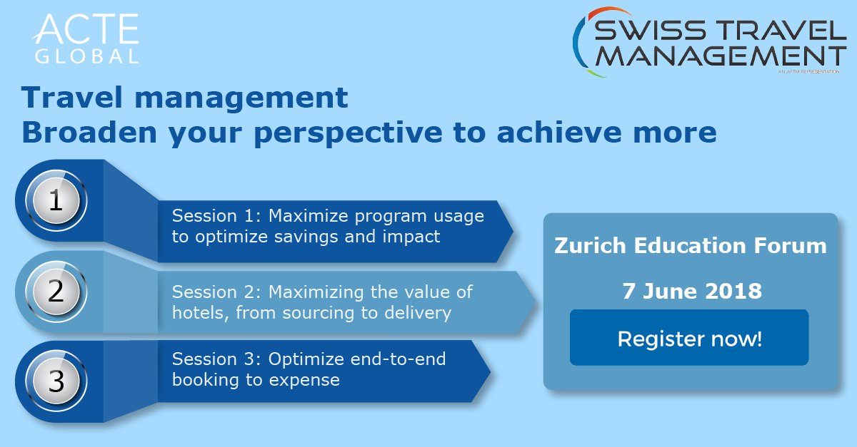 ACTEtweets's tweet photo. Looking to breathe fresh life into your travel programme? Join us for ACTE Zurich Education Forum 7 June 2018 where we will discuss travel management and ways to broaden your perspective to achieve more! Register here: https://t.co/yYytfHaDMM https://t.co/YwjAnz7PAA