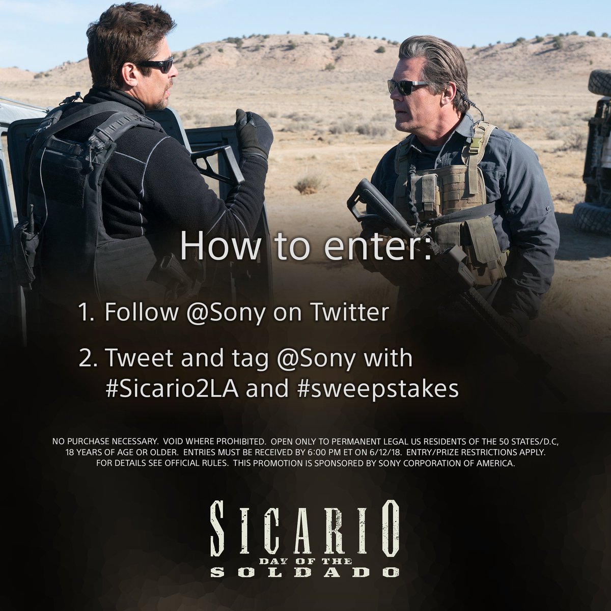 Sony's tweet photo. You &amp; a friend could win tickets to the #LA premiere of #SoldadoMovie. See how to enter for a chance to win now. Full rules: https://t.co/s9ICOvaaT5 https://t.co/fI2Mcoq5tn