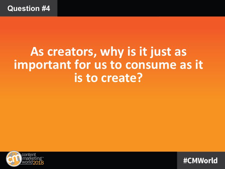 CMIContent's tweet photo. Q4: As creators, why is it just as important for us to consume as it is to create? Why should writers read? Chefs dine? Musicians listen? #CMWorld https://t.co/mTzlHk23cg