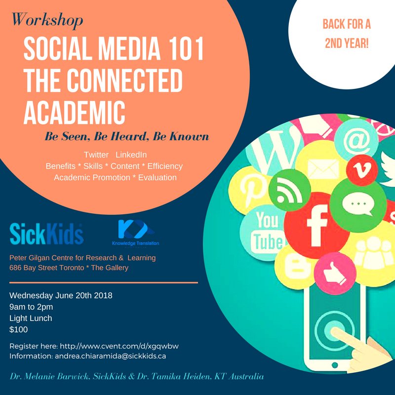 Is #socialmedia useful for your research career or not? Don't know where to start? Come and learn the basics with us <a href="/KTAustralia/">Tamika Heiden</a> <a href="/SickKidsNews/">The Hospital for Sick Children (SickKids)</a> buff.ly/2smbiDS