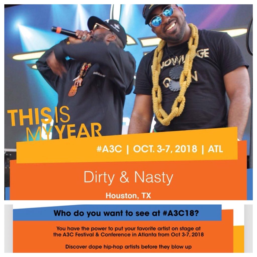spacecityCLOUD's tweet image. 🗣PSA: Our Htown friends @dirtyknowsnasty have been selected for A3C this year! Click on a3cfestival.com/thisismyyear to send them to ATL to perform with other legends. Every VOTE counts! 🤘🏽

#houstonlife #supportlocal #localmusic #a3cfestival #wutang #tunechi  #houstonradio