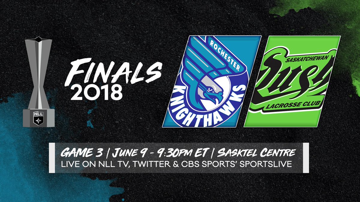 NLL's tweet image. Game 3 goes down this Saturday, June 9 at 9:30pm ET! 
@RocKnighthawks or @SaskRushLAX will claim the #NLLCup this weekend! 
Don't miss it live on @Twitter or join us at the @SaskTelCtr!
📺 
🎟: goo.gl/Spko7o