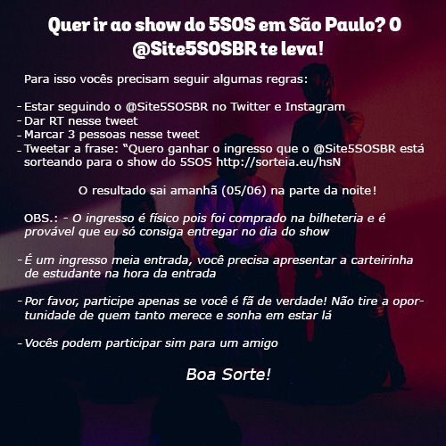 Site5SOSBR's tweet image. Quer ir ao show da banda 5 Seconds of Summer em São Paulo? O @Site5SOSBR te leva!