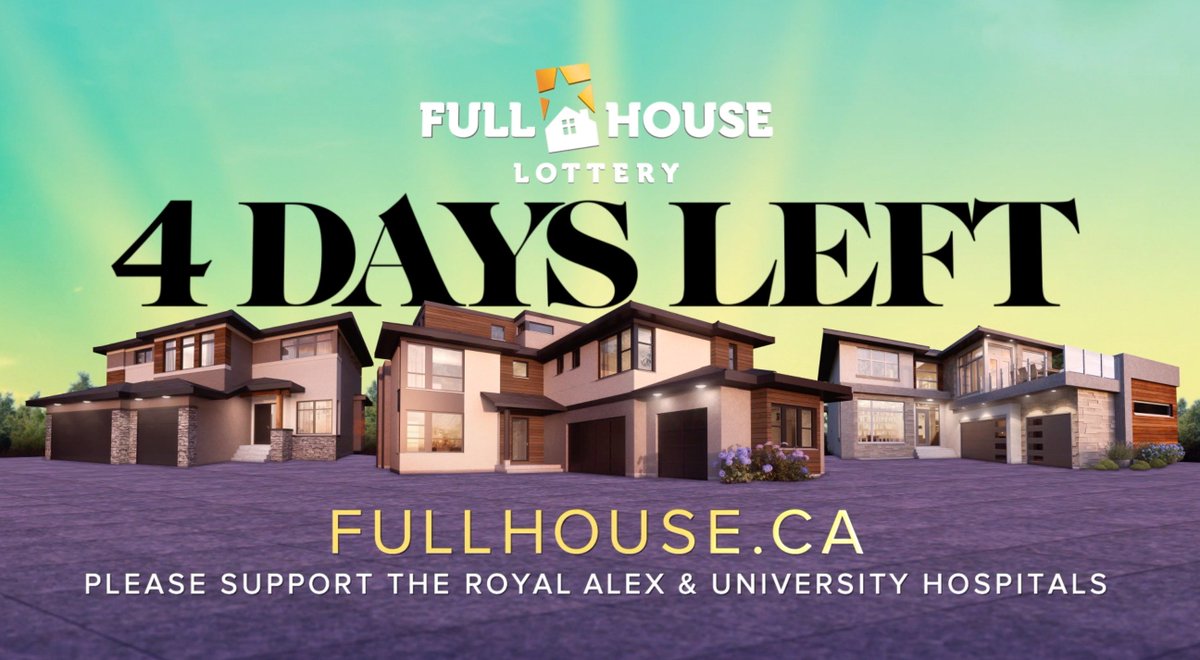 FHLottery's tweet photo. 4 DAYS LEFT TO WIN—DON'T MISS OUR BIGGEST GRAND PRIZE EVER! 25 Years. 100,000 winners. Thousands more to come—including you! You just need a #FHLottery ticket for a chance to win: https://t.co/O50CxGYicp. #25YearsofFullHouseLottery, supporting @rahfoundation &amp; @GiveToUHF. #yeg https://t.co/u6zCyeAILT