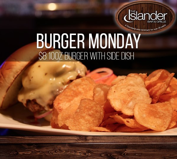 TheIslanderCLE's tweet photo. Monday's Special #AtTheIslander - 10oz Burger with a side for only $8. Industry Night Happy Hour prices, open pool and open jukebox all night. https://t.co/Oase299KQt #burger #goodfood https://t.co/5caAIDxRqd
