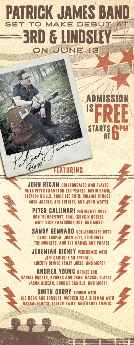 PatrickJamesBnd's tweet image. Come join us Wednesday, June 13 at 6pm at @3rdandLindsley in Nashville for the big debut! #pjbnashville