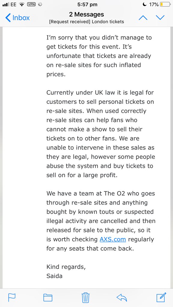 toriwebb3456's tweet photo. The @TheO2 response to my email so tickets are available when they get resale ones taken down #BTSLONDON #BTS_Europe_ticket_scam #BTSLONDON3rdday https://t.co/XyCeA55u8x