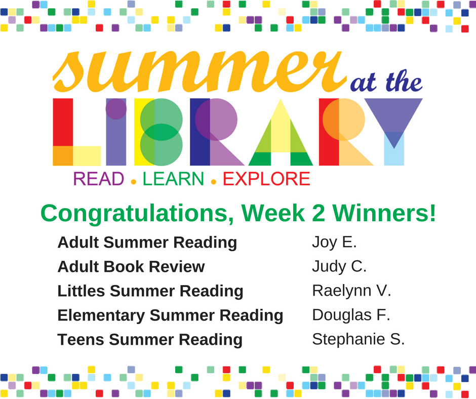 SalinaPL's tweet photo. Week 2 of Summer of the Library is complete, and we are up to 3,316 books read! Keep logging those books, so that we can reach the goal of 25,000. https://t.co/f1vphmyw8e Congratulations to these readers who won last week's drawings! #SKSummerReading https://t.co/ZFZ4i7xTcV
