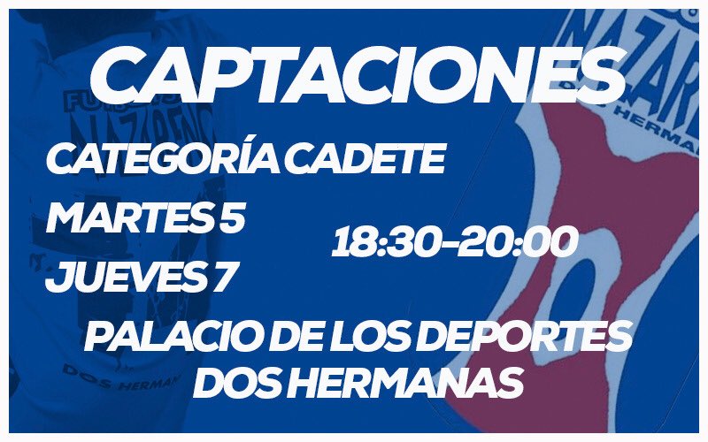 ¡Mañana os esperamos en las captaciones de categoría cadete! Nueva oportunidad para formar parte del <a href="/FSNazareno/">Fútbol Sala Nazareno</a> 😉

👉 fsnazareno.es/jornadas-de-ca…

#VamosNazareno 🔵🔴