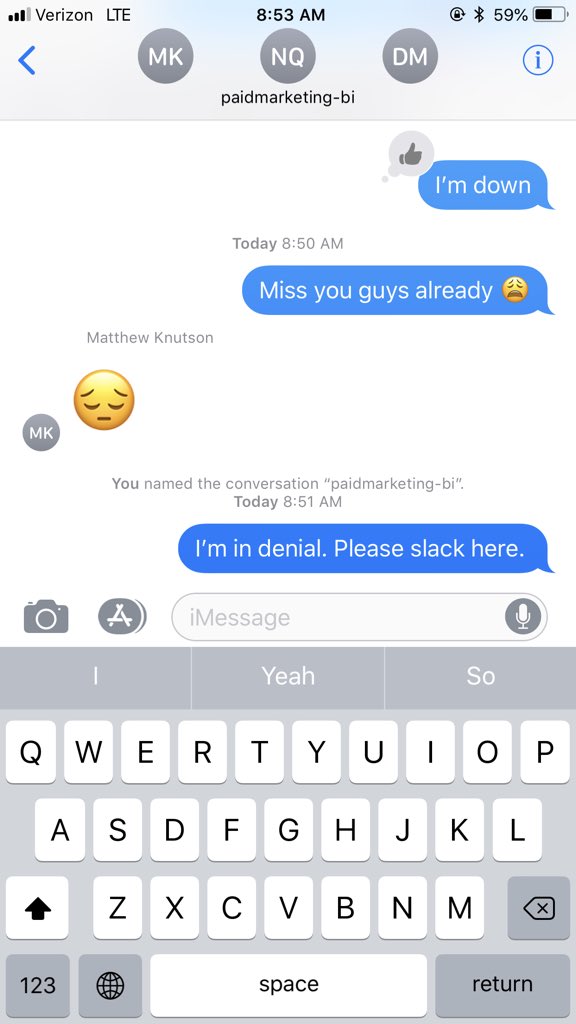 The first morning you realize you won’t be calling into the weekly BI meeting 😭 <a href="/matthewknutson/">Matt Knutson</a> <a href="/nickquan/">Nick Quan</a> <a href="/dylan_mccarney/">Dylan McCarney 🇨🇦</a> 💕💕💕